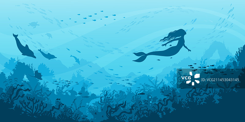 美人鱼剪影与鱼水下景观图片素材