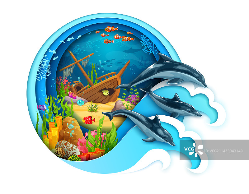 剪纸风格海底沉船海豚景观图片素材
