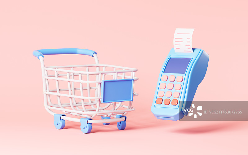 卡通pos机与购物车3D渲染图片素材
