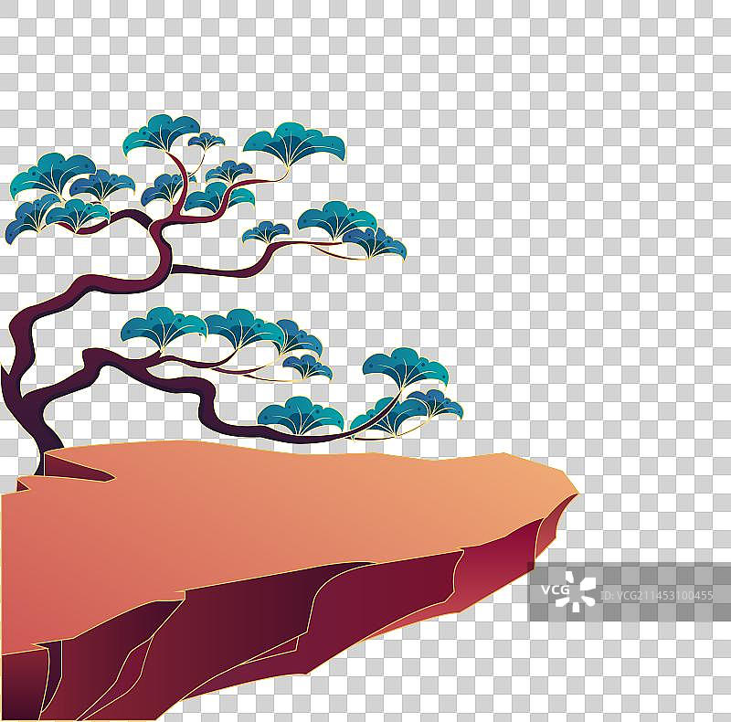 悬崖松树国潮风矢量插画图片素材