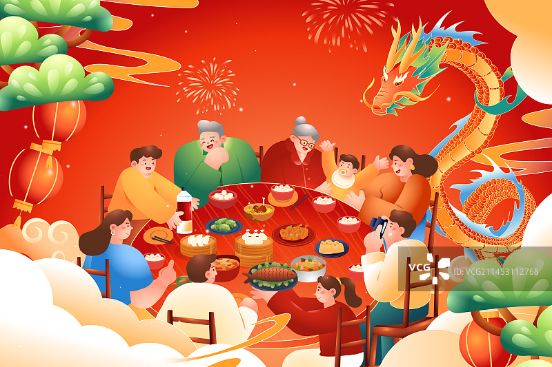 卡通传统节日元旦年俗过年春节新年龙年生肖辰龙2024家人亲子年夜饭财神红包古建筑国潮风渐变矢量插画图片素材