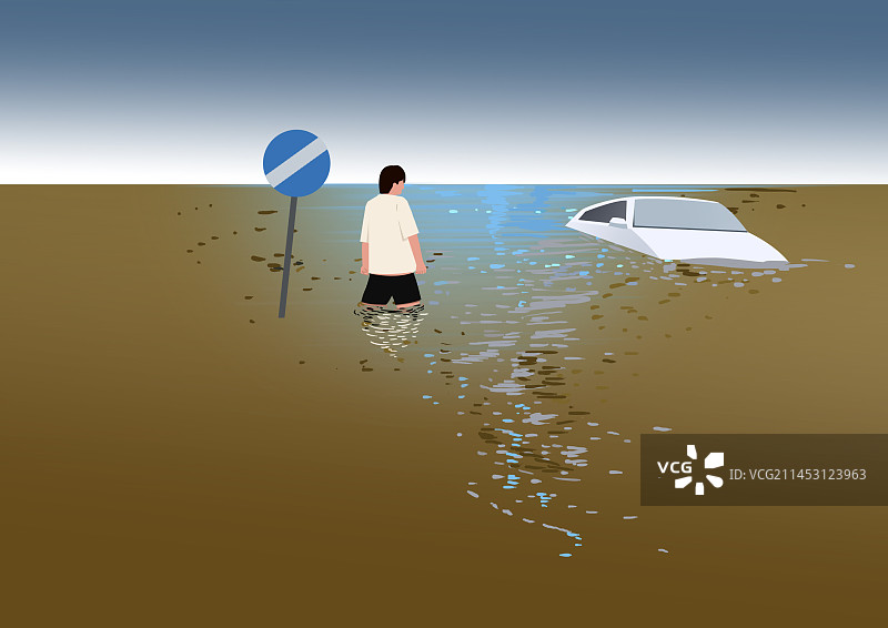 生态环境自然破坏洪水淹水洪涝水淹城市财产损失极端天气气候插画图片素材