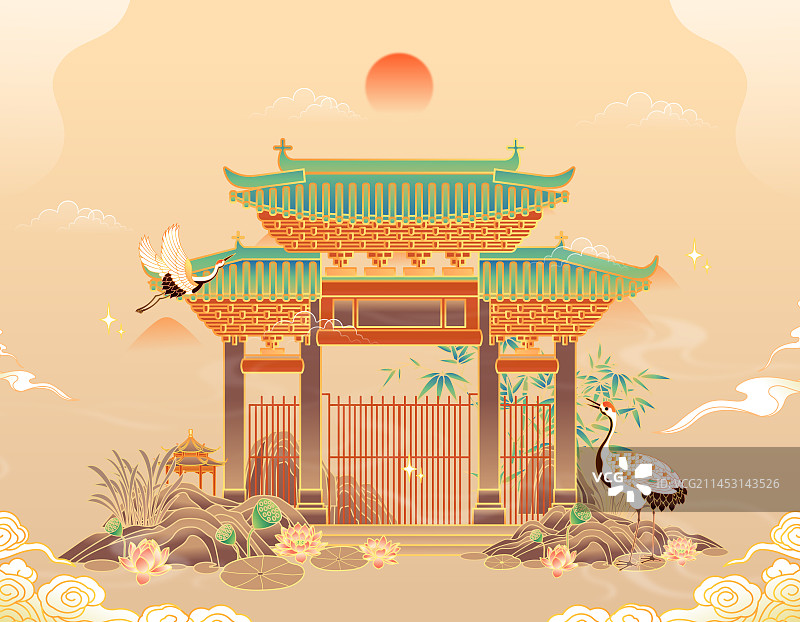 广东佛山祖庙古建筑矢量插画图片素材