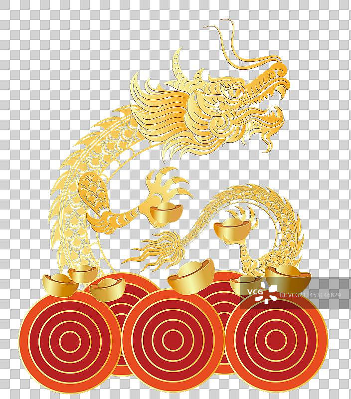 2024龙年中国新年 祝福贺卡年画元素 祥云上的龙和金元宝图片素材