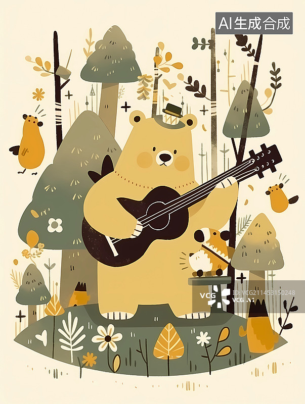 【AI数字艺术】小熊森林音乐会插画图片素材