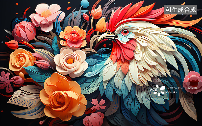 【AI数字艺术】花丛中十二生肖鸡年图片素材