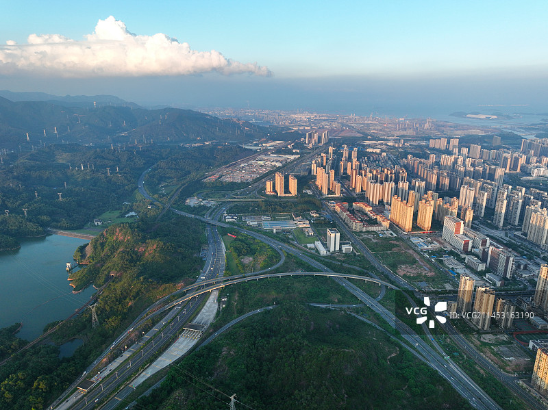 广东省惠州市大亚湾中心区狮子山观音寺风田水库航拍图片素材