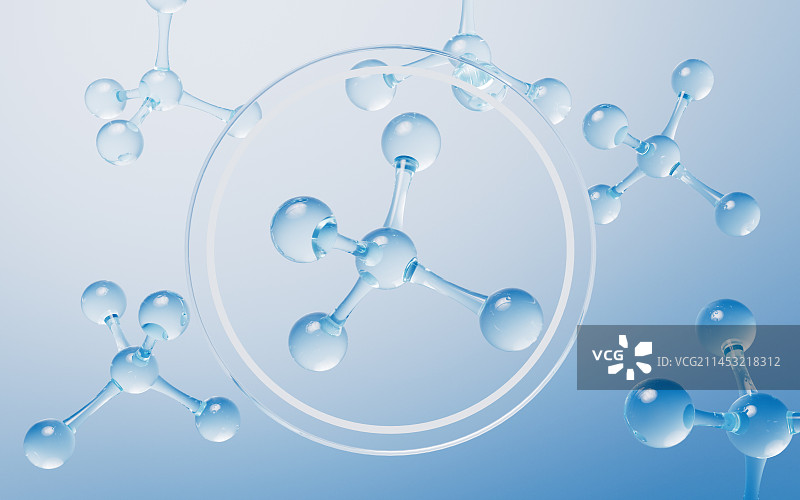 透明分子与蓝色背景3D渲染图片素材