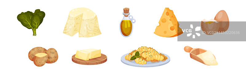 奶酪、橄榄油、土豆、鸡蛋、黄油和面粉图片素材