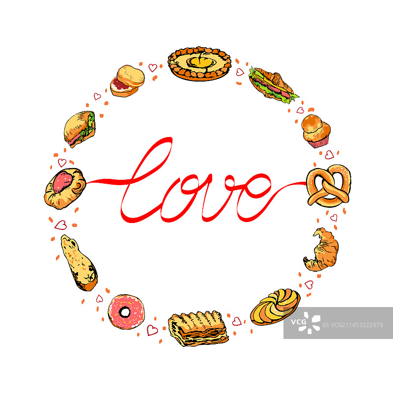圆形构图烘焙美食与爱心文字图片素材