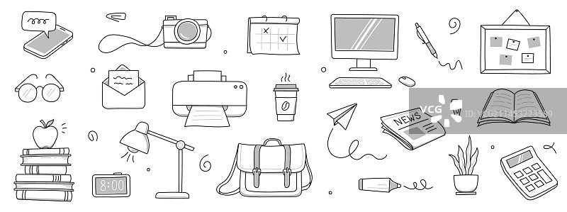 办公室工作涂鸦套装办公室电脑工作桌图片素材