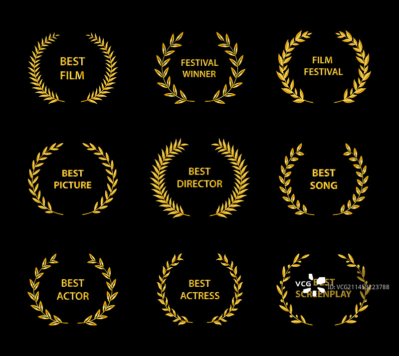 电影奖金色奖项花环（黑色背景）图片素材