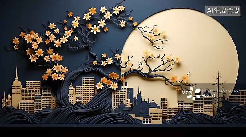 【AI数字艺术】中秋节传统建筑浮雕剪纸风格城市风景插画图片素材