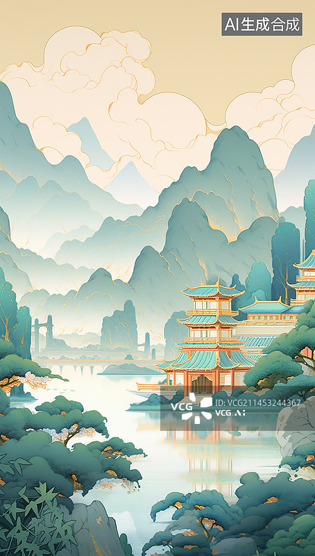 【AI数字艺术】新中式山水画图片素材