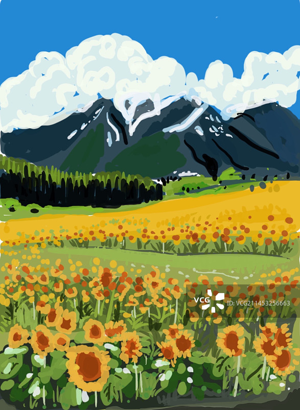 四季风景唯美向日葵风景插画图片素材