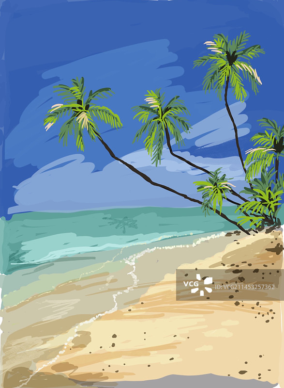 四季风景插画蓝色大海海边风景插画图片素材