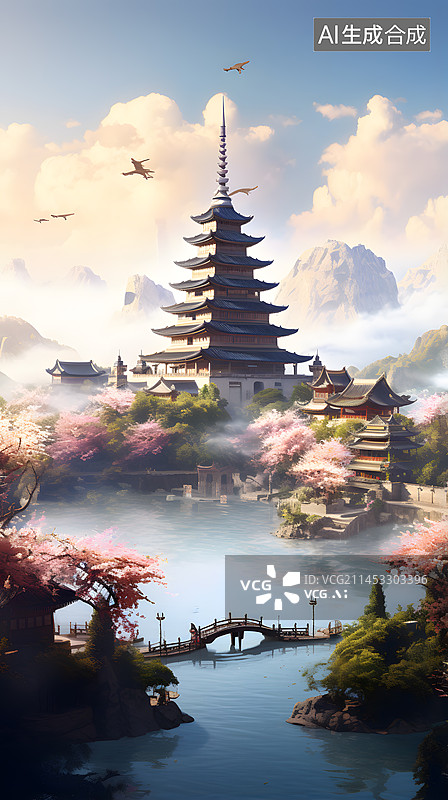 【AI数字艺术】中式唯美风景插画图片素材