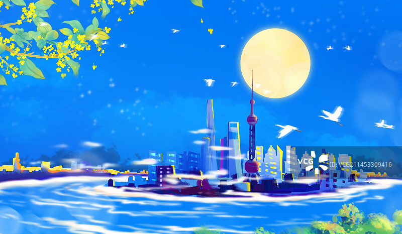 中秋节城市建筑插画图片素材