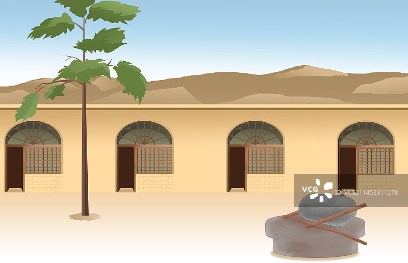 陕西陕北北方黄土高原传统民居延安窑洞古民居建筑插画图片素材