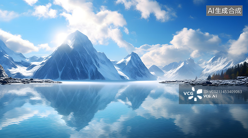 【AI数字艺术】雪山湖景插画图片素材