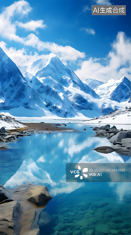 【AI数字艺术】雪山湖景插画图片素材