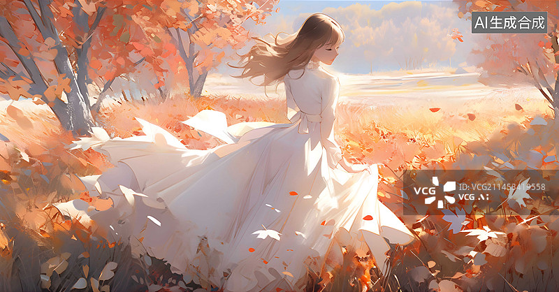 【AI数字艺术】秋天户外穿着白色裙子的少女唯美插画图片素材