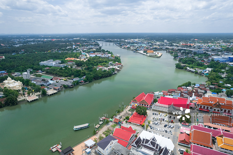 泰国沙没颂堪美功河Wat Yai航拍风光图片素材