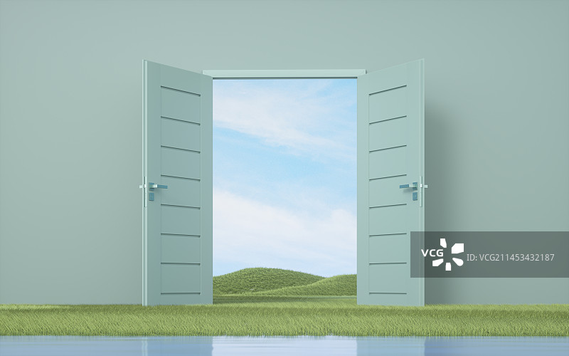 3d图形山峰平静水面门口场景图片素材