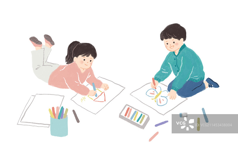 在地上画画的两个小朋友图片素材