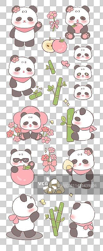 可爱国宝大熊猫ip和花花主题贴纸印花图案插画设计图片素材