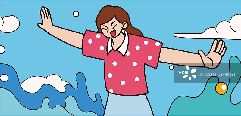 粉色衣服的长发女孩出海游玩插画图片素材