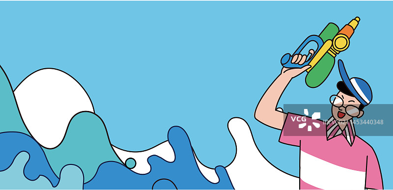 戴帽子和眼镜的男孩玩水枪游戏插画图片素材