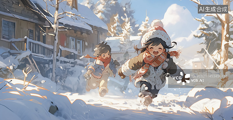 【AI数字艺术】冬天雪地里玩耍的儿童插画图片素材