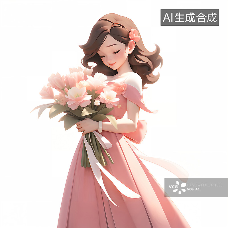 【AI数字艺术】一个优雅漂亮的年轻女性穿着粉色连衣裙拿着一束鲜花插画图片素材