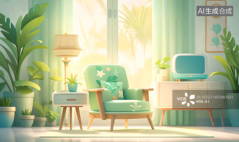 【AI数字艺术】时尚整洁的房间落地窗沙发盆栽柜子窗帘家居插画图片素材