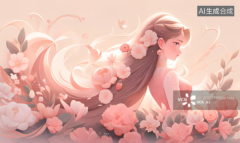 【AI数字艺术】美丽的长发女性花朵妇女节插画图片素材