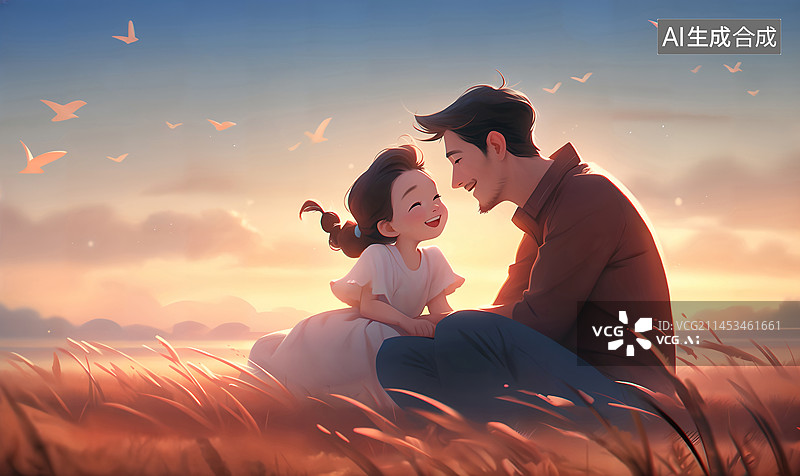 【AI数字艺术】黄昏下爸爸在草地上陪着可爱的小女孩在玩耍亲子插画图片素材
