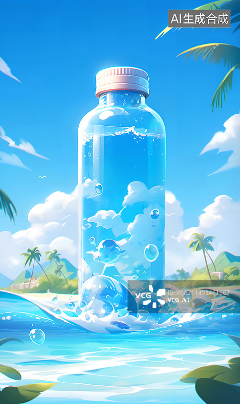 【AI数字艺术】透明玻璃瓶蓝天白云水泡水面树木夏天插画图片素材