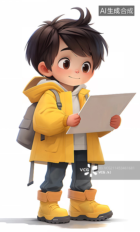 【AI数字艺术】可爱男孩穿着冲锋衣背着双肩包拿着书本插画图片素材