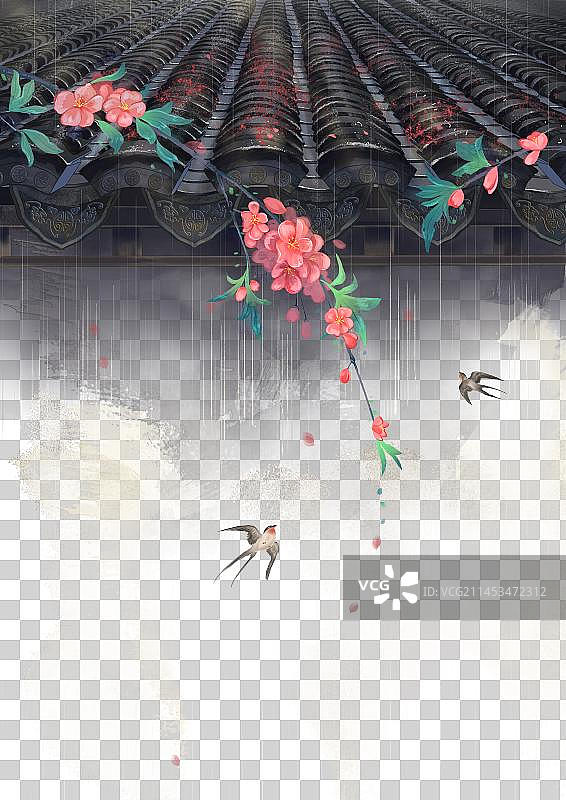 古风的屋顶和桃花图片素材