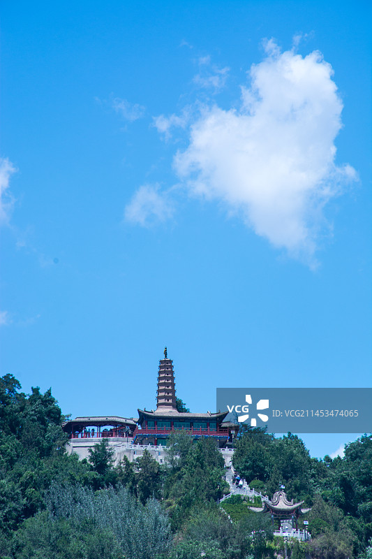 中国甘肃兰州夏天的白塔山森林公园黄河城市风光图片素材