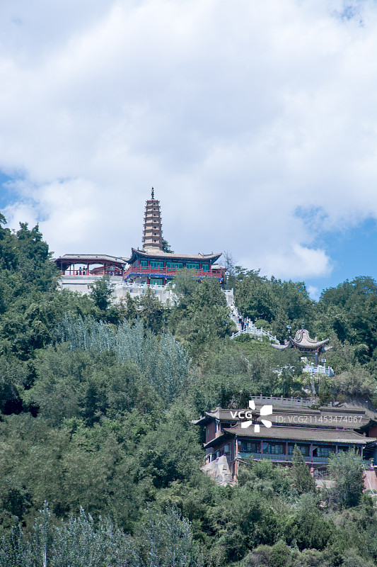 中国甘肃兰州夏天的白塔山森林公园黄河城市风光图片素材