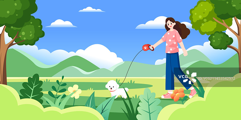 文明养犬遛狗牵绳矢量插画海报图片素材