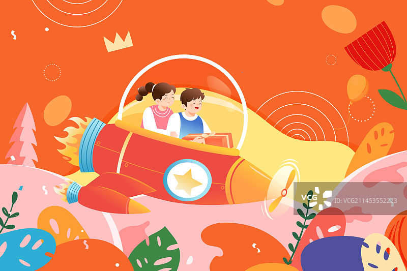 卡通婴儿母婴少儿宝宝小朋友学龄儿童可爱火箭出游娱乐儿童节礼物休闲网购电商促销活动自然风景渐变矢量插画图片素材