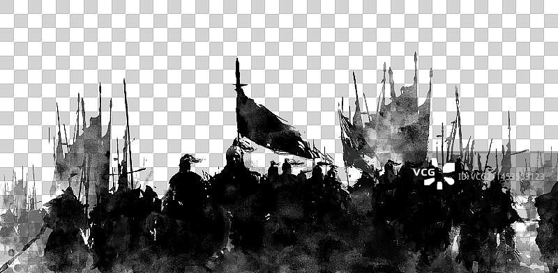 中国风水墨古代战争场景背景 古战场将军兵马背景 手绘战争水墨画图片素材