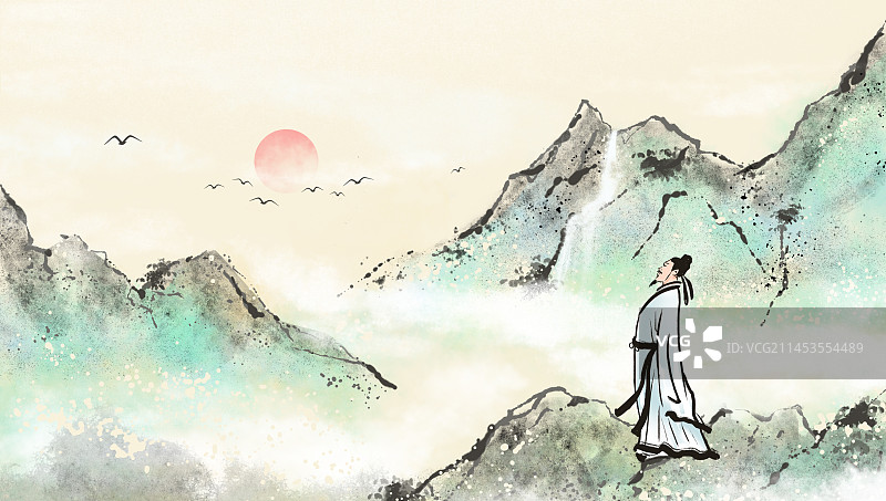 中国传统文化古典诗词古代诗人山水水墨画图片素材