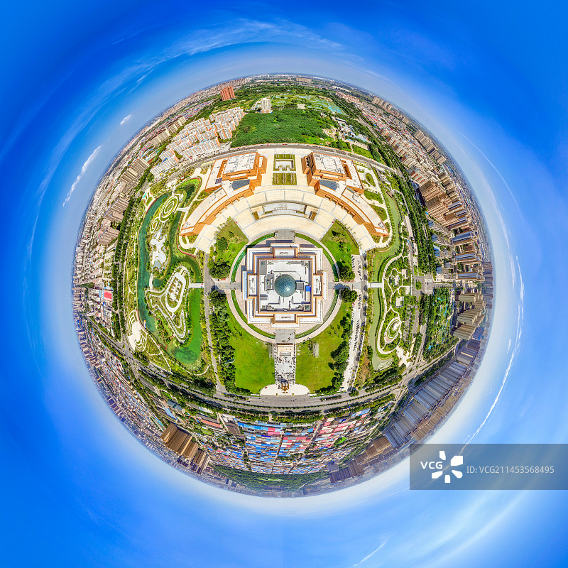 河南省安阳市（中国文字博物馆）都市风光夏季星球小行星360度高空航拍图片素材
