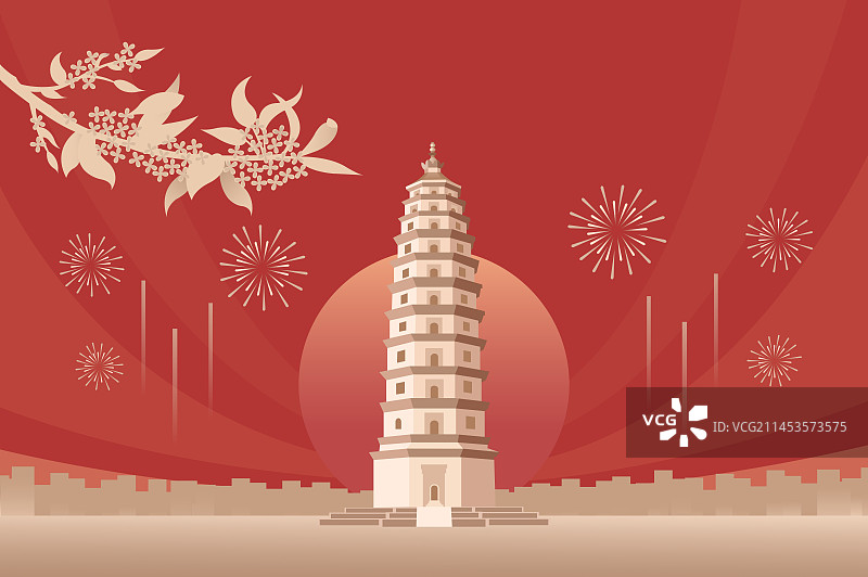 河北省定县开元寺塔，定州塔，国庆中秋节春节新年元旦桂花月亮城市，河北庆典插画图片素材