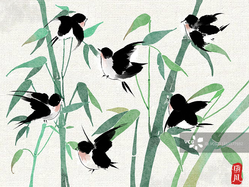国风水墨燕子竹子插画海报图片素材