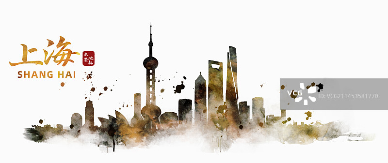 手绘上海水彩地标建筑水彩城市背景图片素材